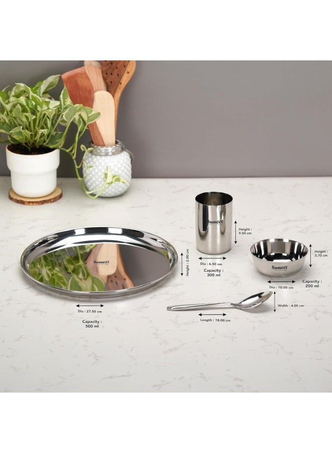 Sumeet Stainless Steel Heavy Gauge Mirror Finish Solid Dinner Set Of 8 Pcs (2 Plate, 2 Bowl/Wati, 2 Glass, 2 Spoon), Silver - Image 2